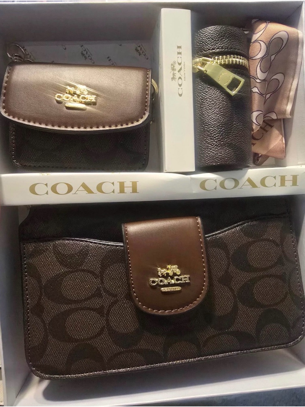 Coach Brown Signature Canvas and Leather Wallet Set with Gold Hardware